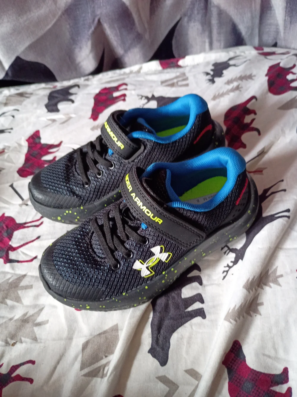 Under Armour Boys Black Sneakers with Blue Lining and Neon Yellow Accents